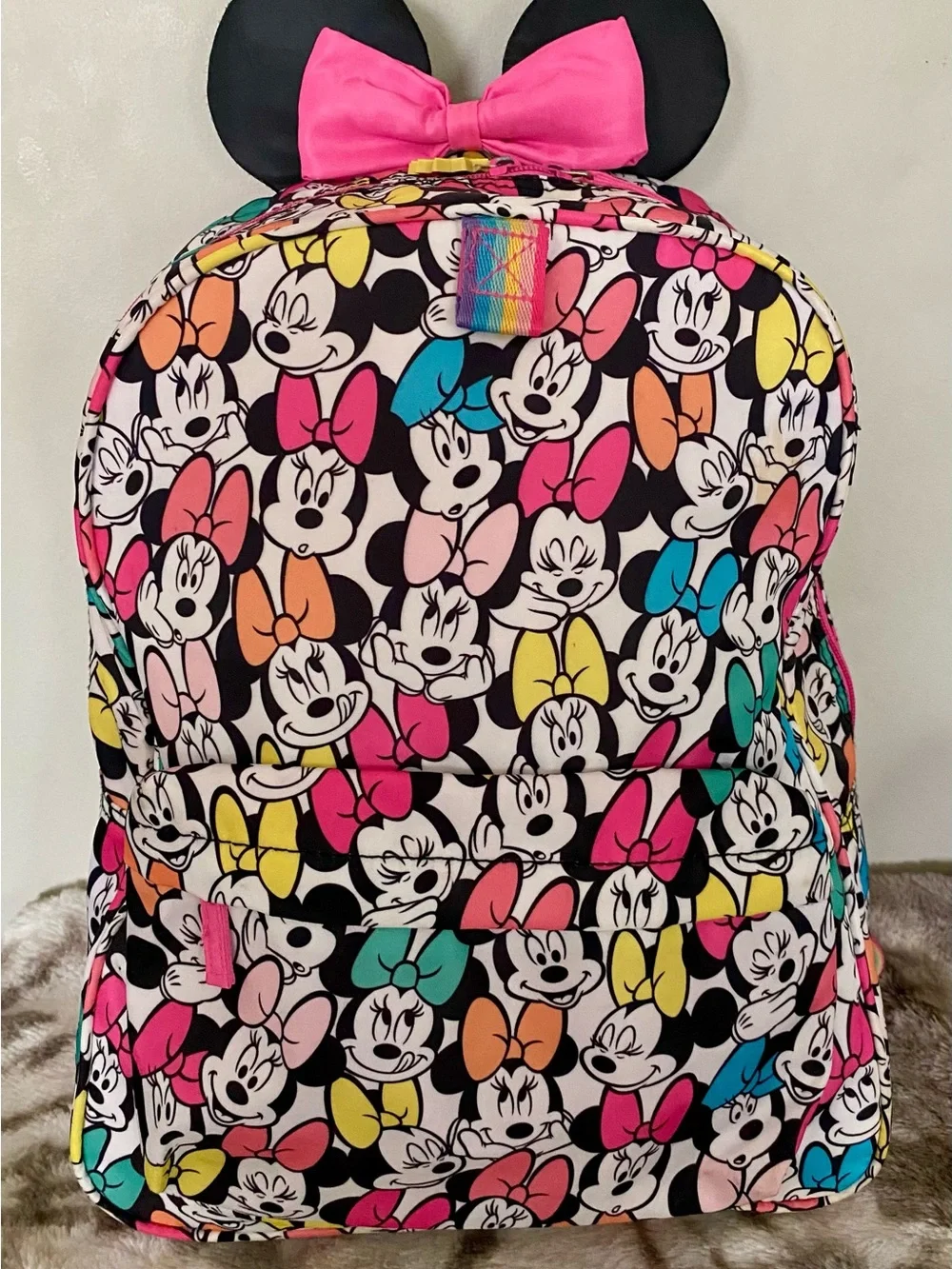 Minnie Mouse Patterned Backpack with Ears and Pink Bow